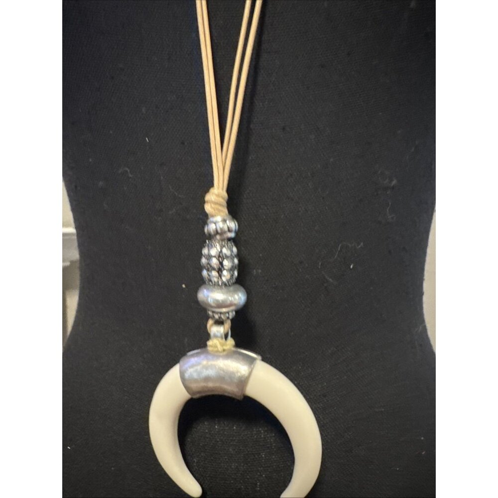 Chicos Faux Ivory Crescent Pendant Silver Tone 21" Long Statement Necklace NEW - Picture 5 of 15